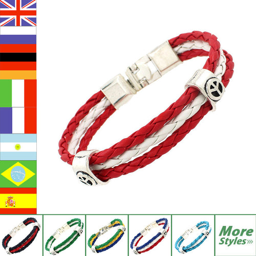 2016 World Cup National Flags Sports 3 Strands Rope Braided Surfer Leather Bracelets Fashion Men/Women Jewelry Bracelets